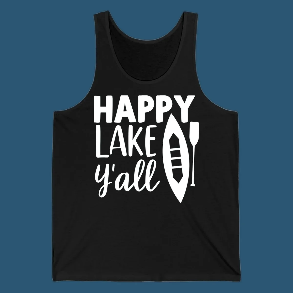Happy lake y'all text with canoe and paddle graphic.