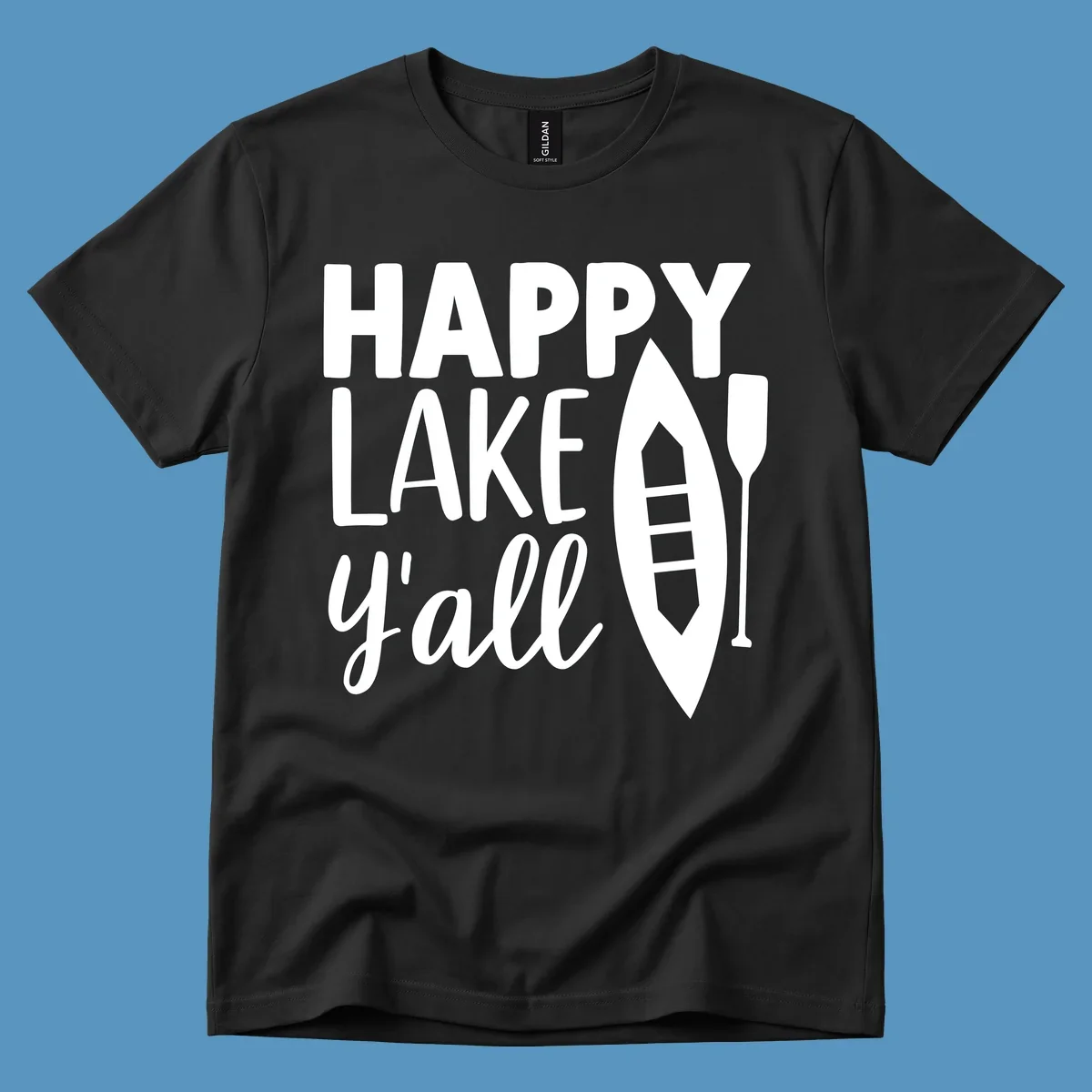 Happy lake y'all text with canoe and paddle graphic.