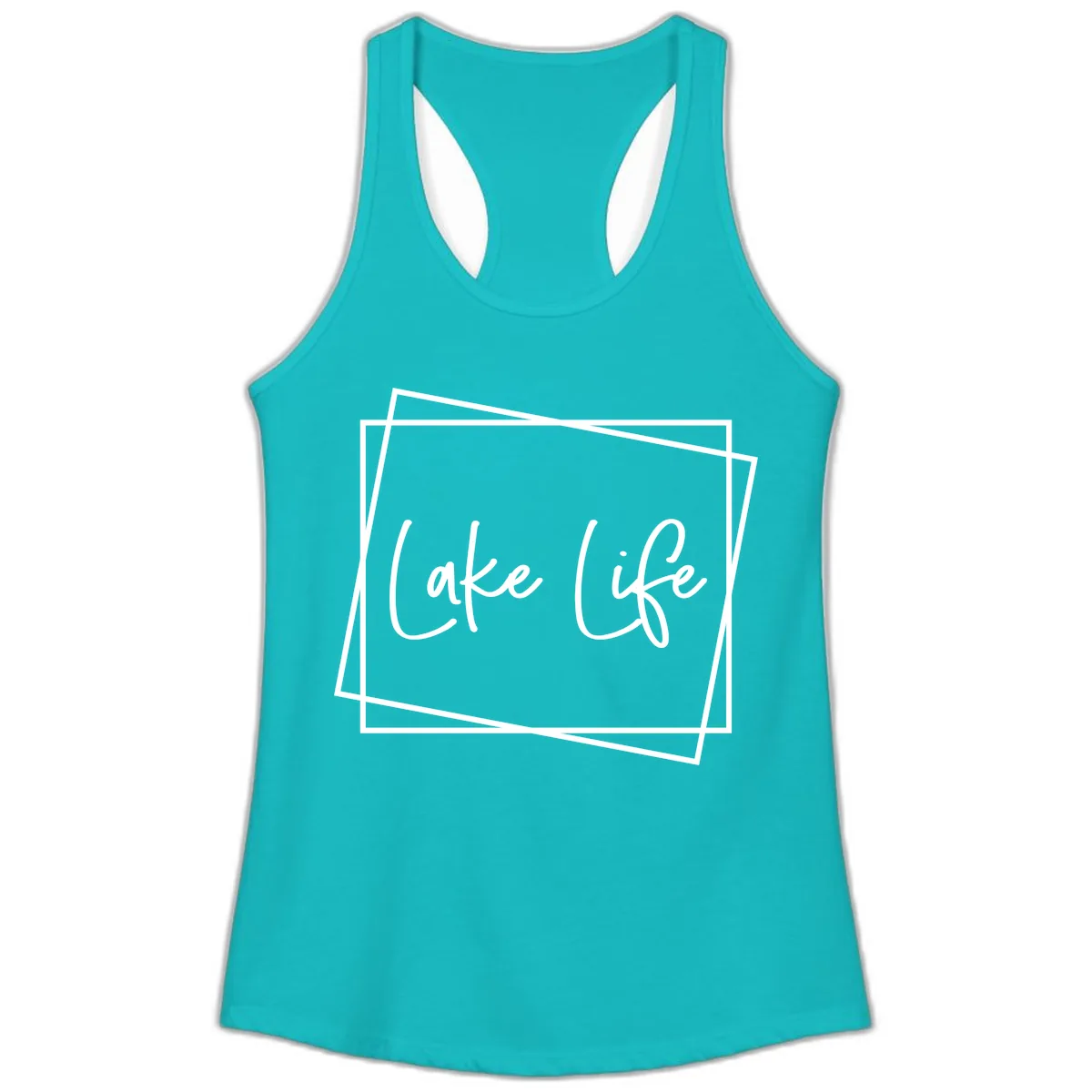 Lake Life Script Design Ladies Tank in Tahiti Blue