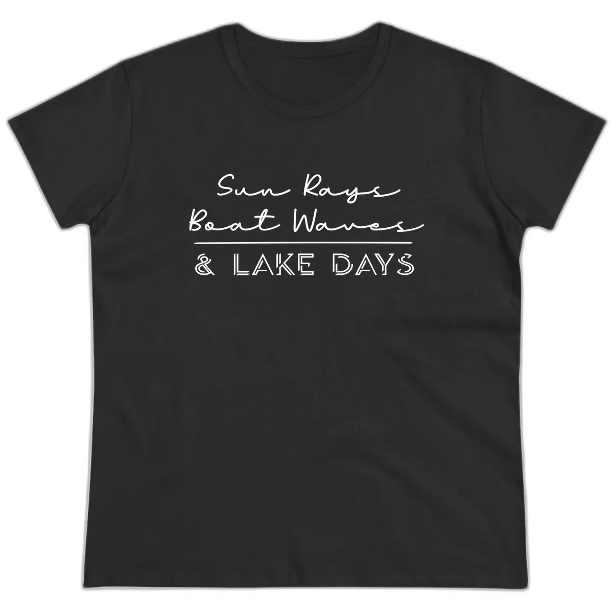 Sun Rays Boat Waves Lake Days Design Ladies Tee in Black