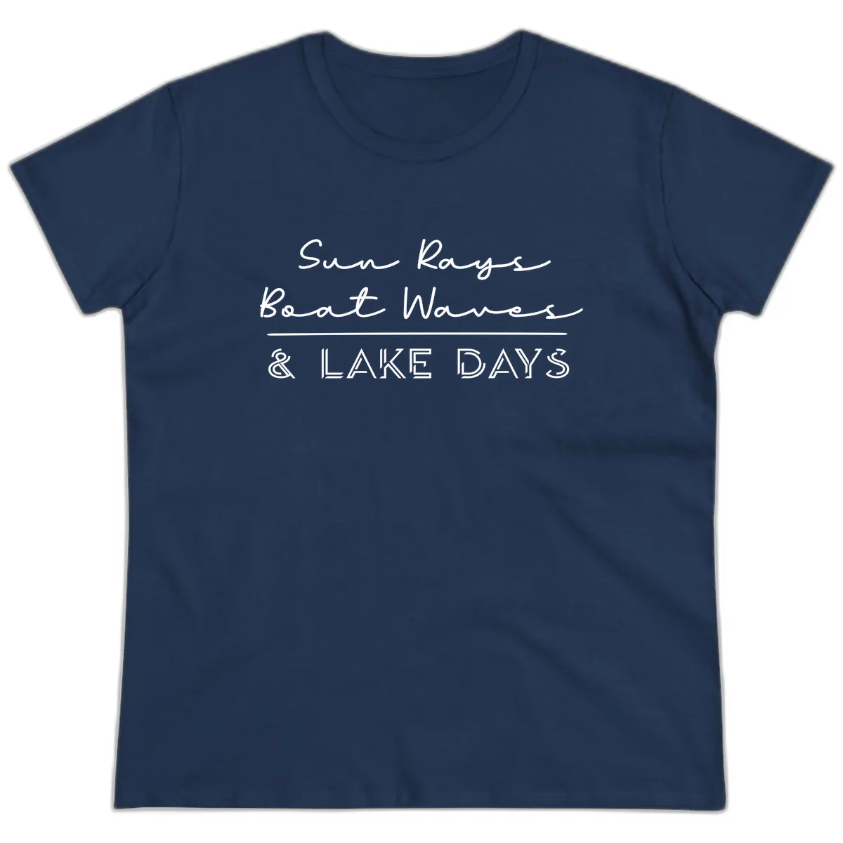 Sun Rays Boat Waves Lake Days Design Ladies Tee in Navy