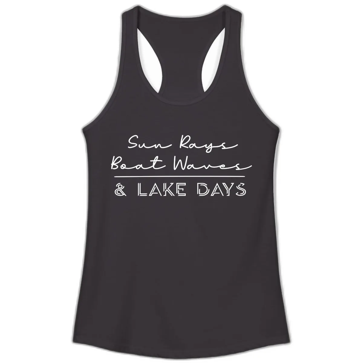 Sun Rays Boat Waves Lake Days Design Ladies Tank in Black