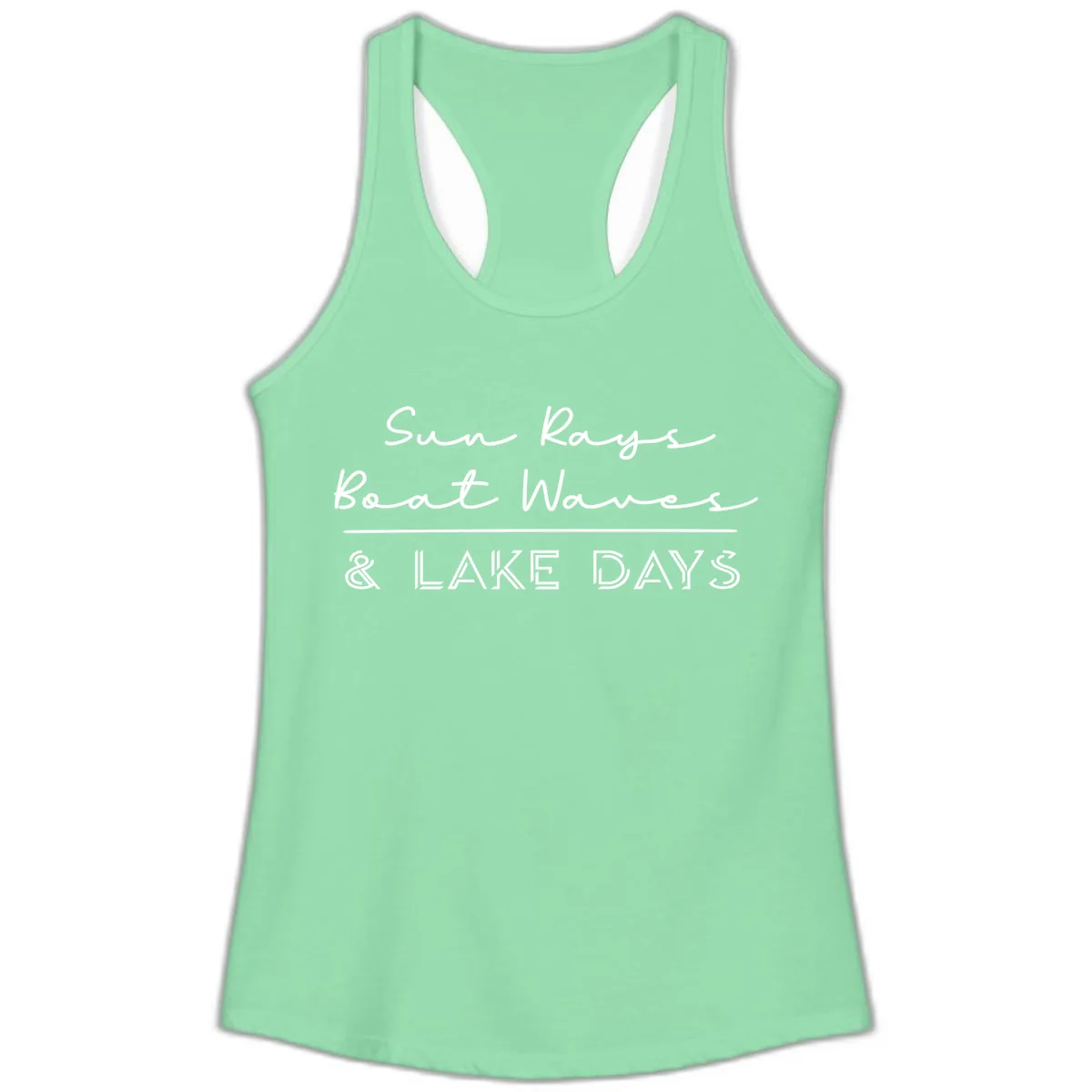 Sun Rays Boat Waves Lake Days Design Ladies Tank in Solid Mint