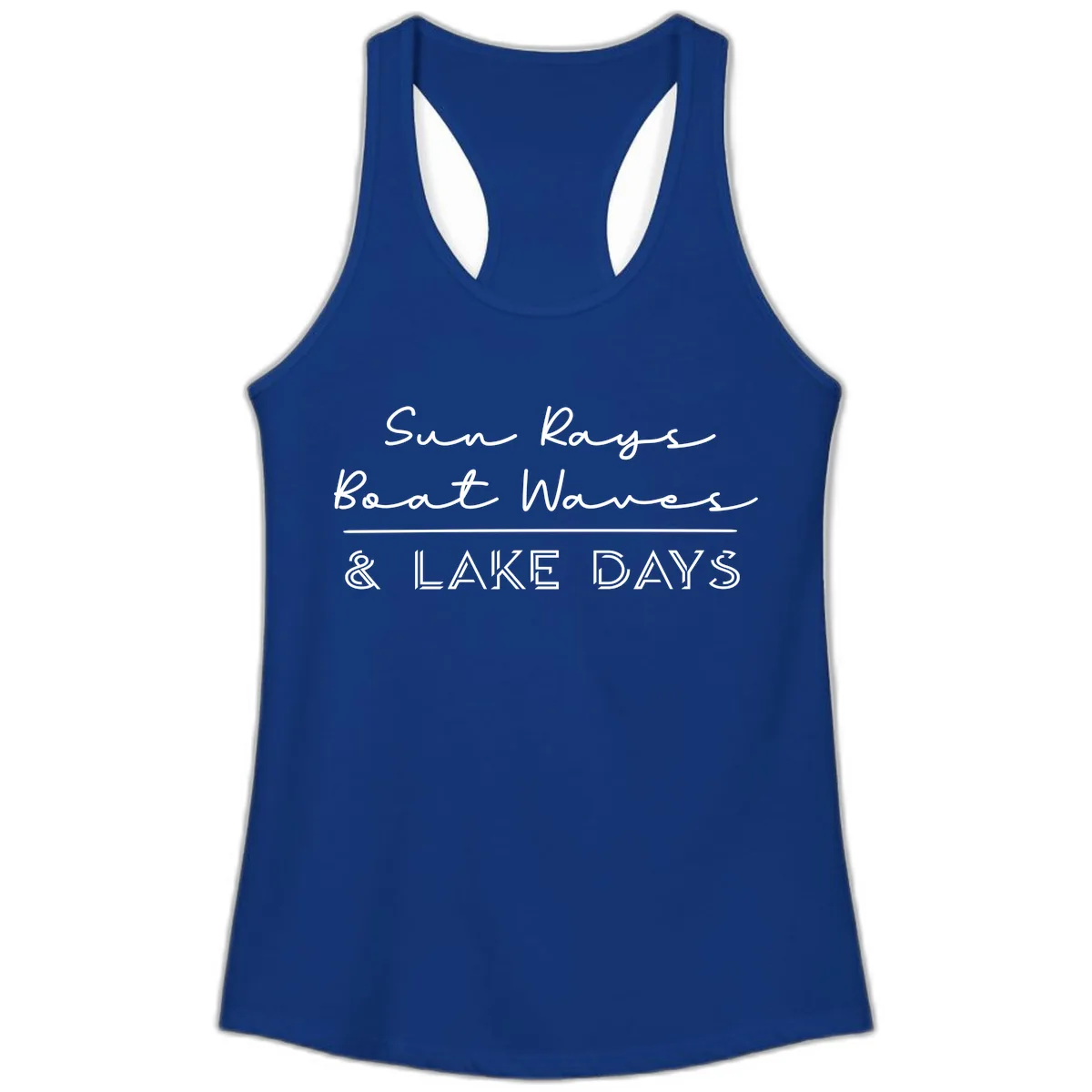 Sun Rays Boat Waves Lake Days Design Ladies Tank in Solid Royal