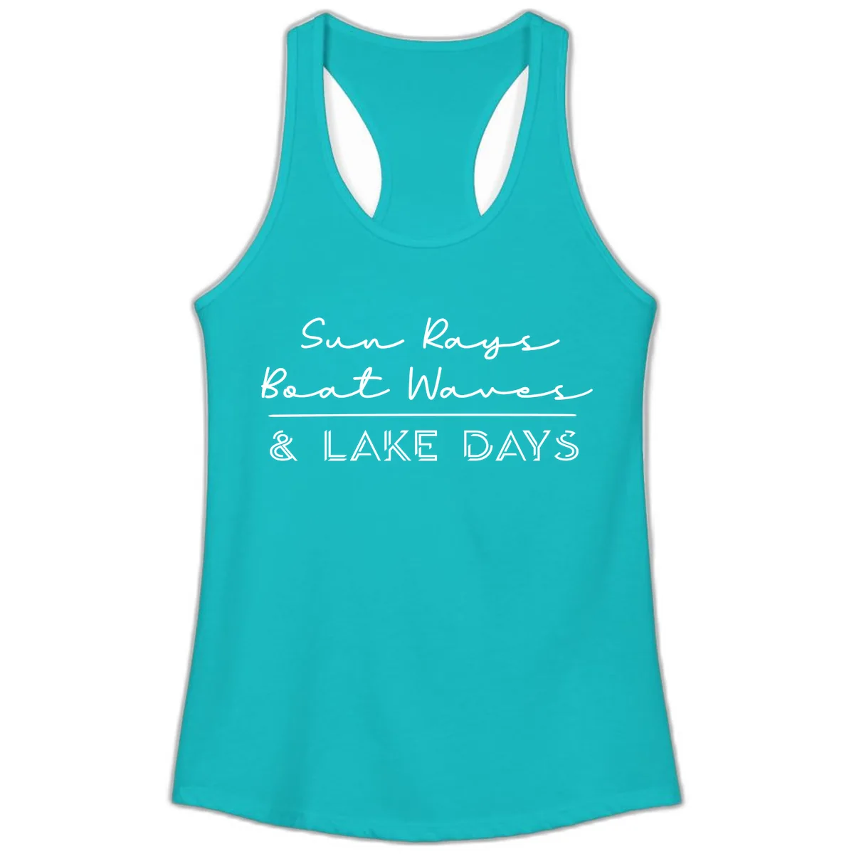 Sun Rays Boat Waves Lake Days Design Ladies Tank in Tahiti Blue