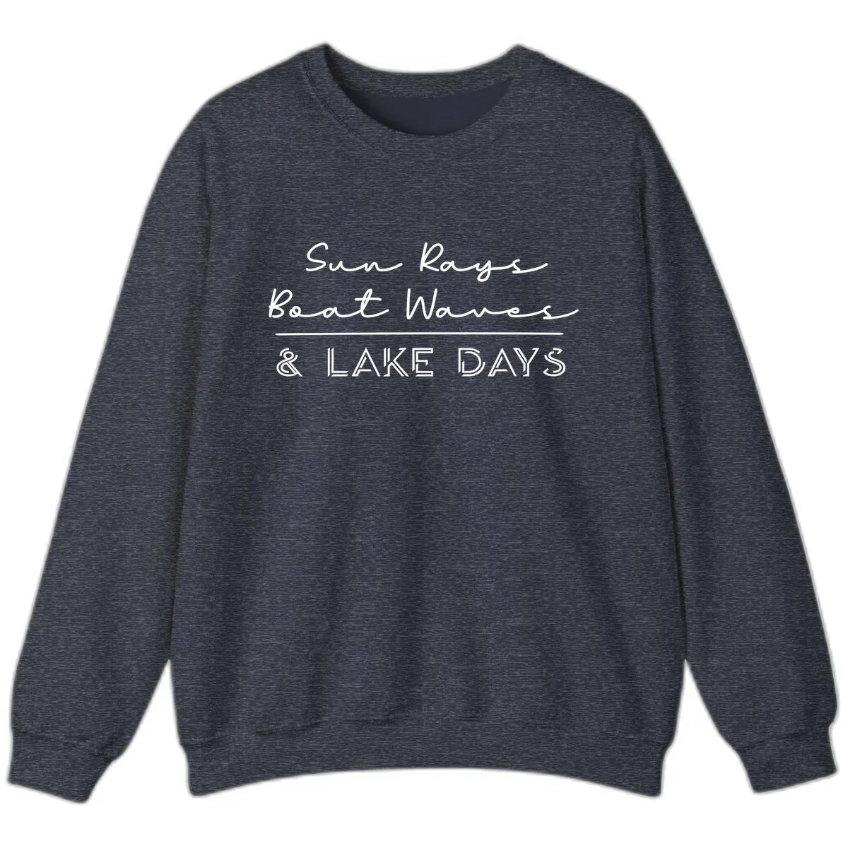 Sun Rays Boat Waves Lake Days Design Sweatshirt in Heather Sport Dark Navy