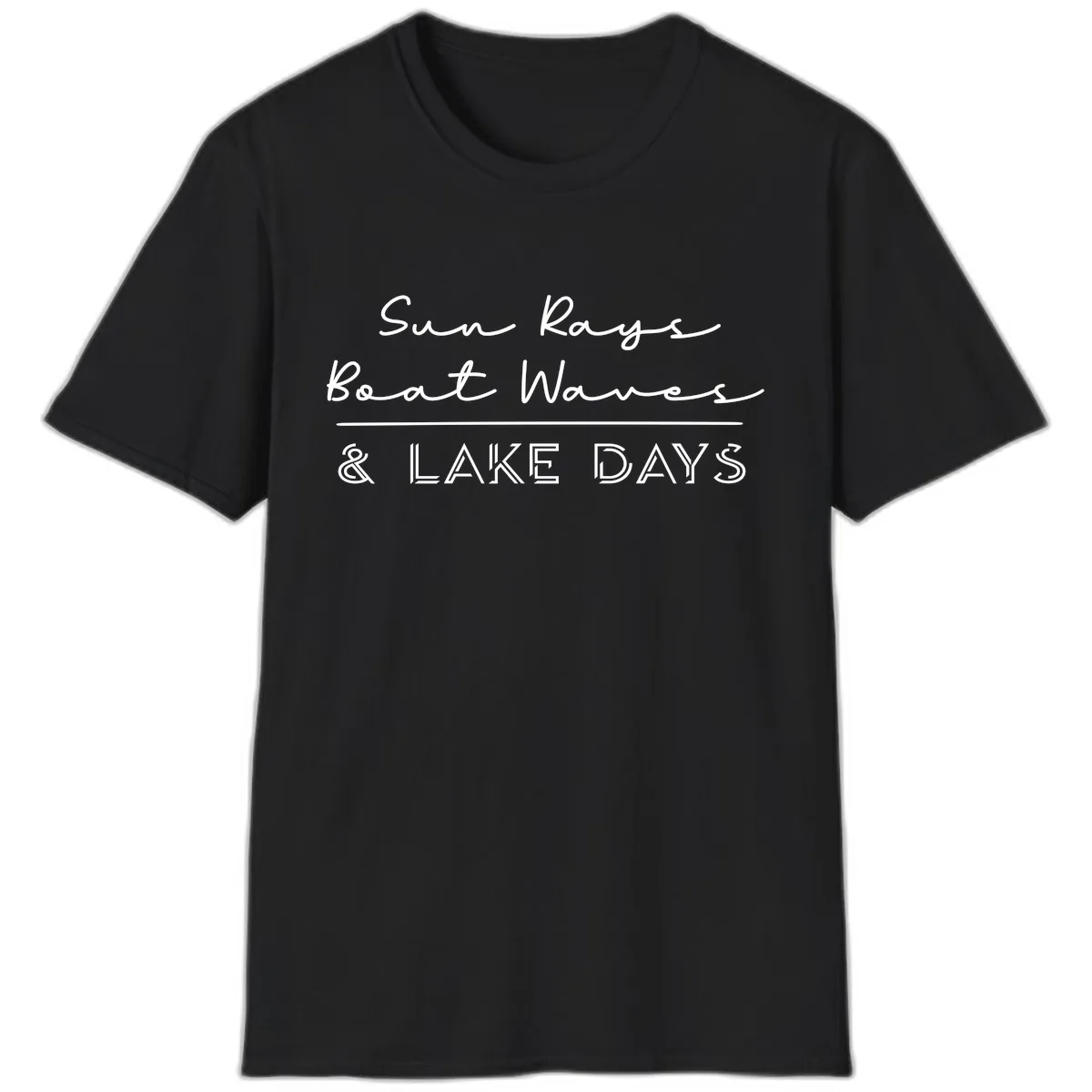 Sun Rays Boat Waves Lake Days Design T-Shirt in Black