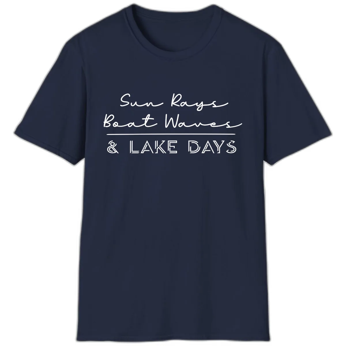 Sun Rays Boat Waves Lake Days Design T-Shirt in Navy