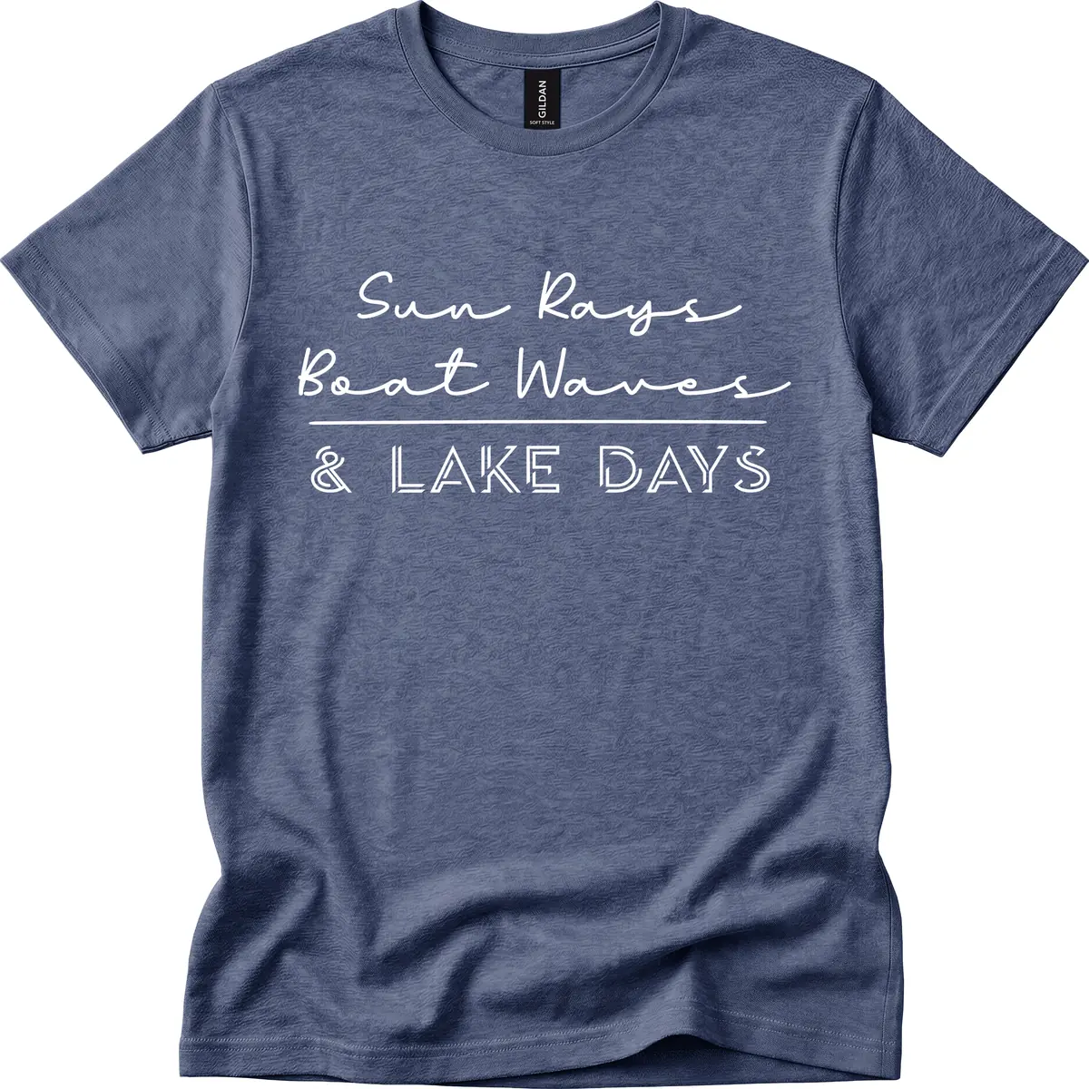 Sun Rays Boat Waves Lake Days Design T-Shirt in Heather Navy
