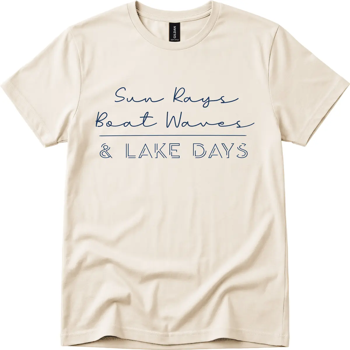 Sun Rays Boat Waves Lake Days Design T-Shirt in Natural