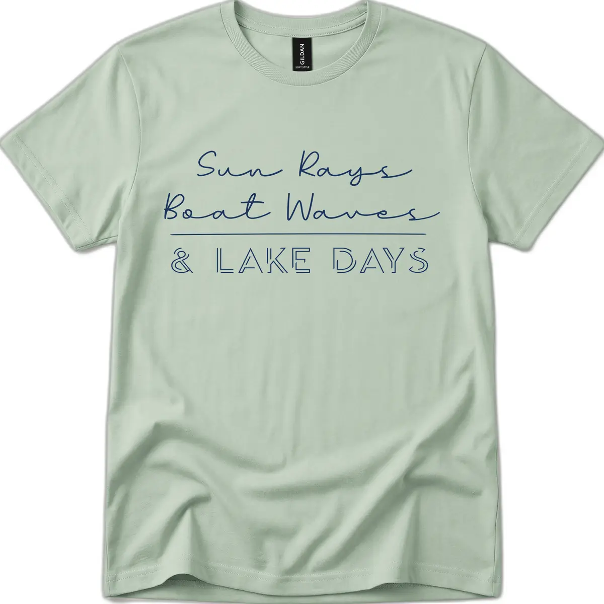 Sun Rays Boat Waves Lake Days Design T-Shirt in Sage