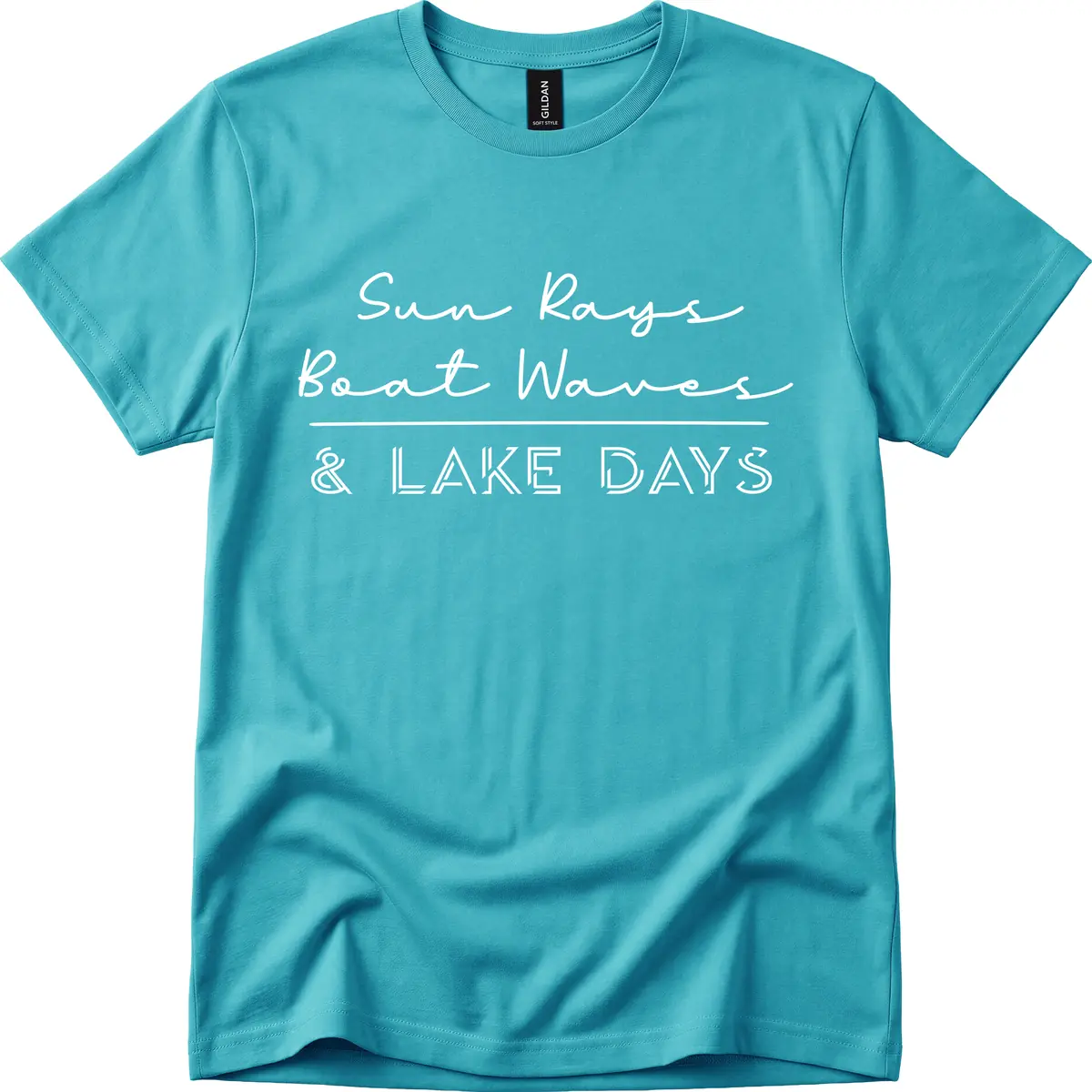 Sun Rays Boat Waves Lake Days Design T-Shirt in Tropical Blue