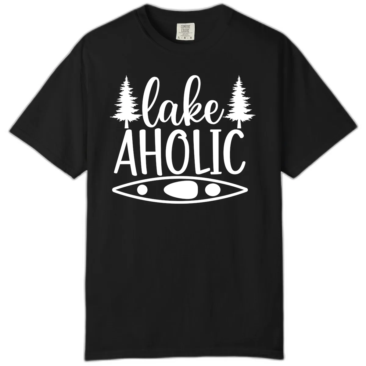 Lakeaholic Kayak And Trees Comfort Color in Black