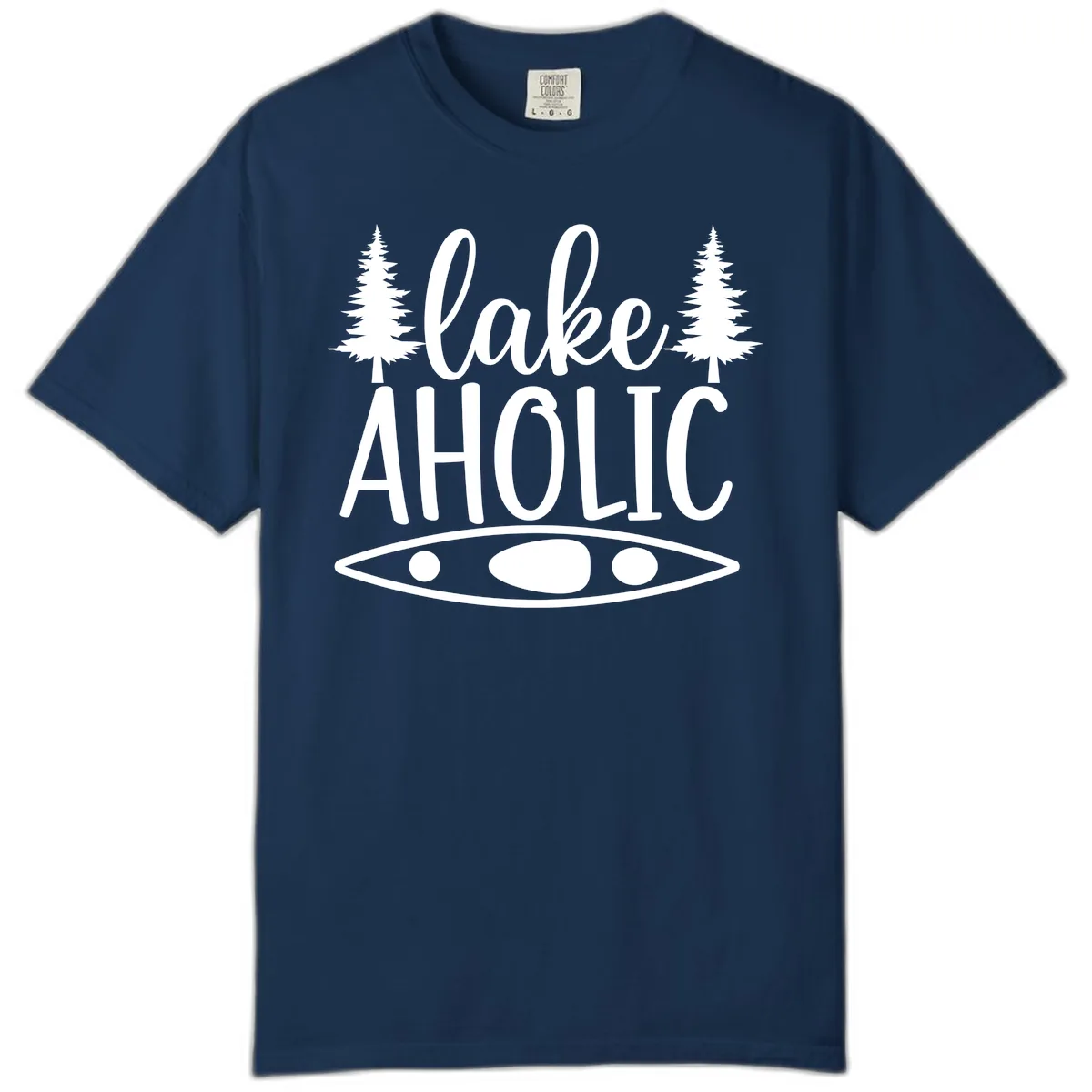 Lakeaholic Kayak And Trees Comfort Color in Navy