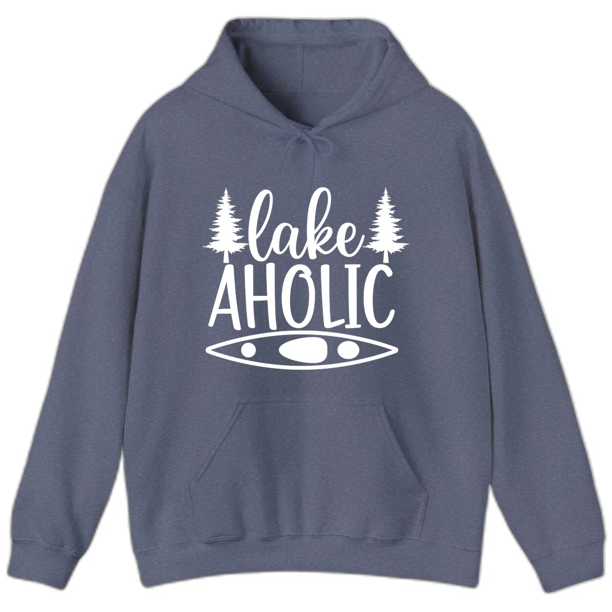 Lakeaholic Kayak And Trees Hoodie in Heather Navy