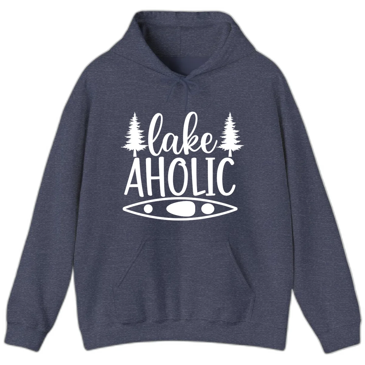 Lakeaholic Kayak And Trees Hoodie in Heather Sport Dark Navy