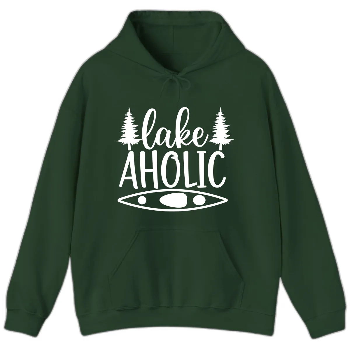 Lakeaholic Kayak And Trees Hoodie in Forest Green