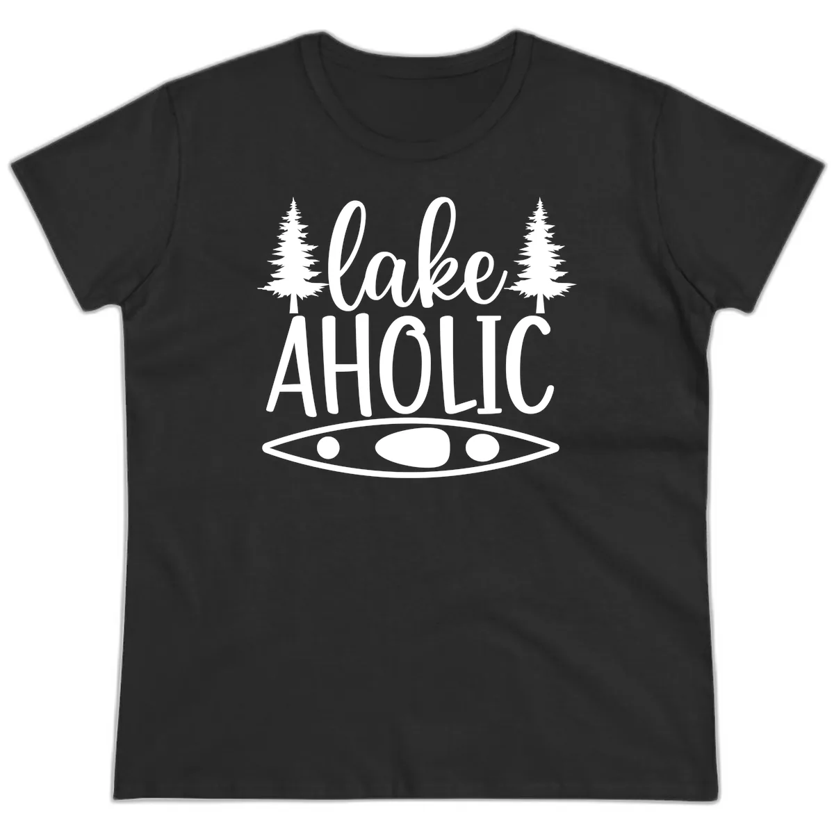 Lakeaholic Kayak And Trees Ladies Tee in Black