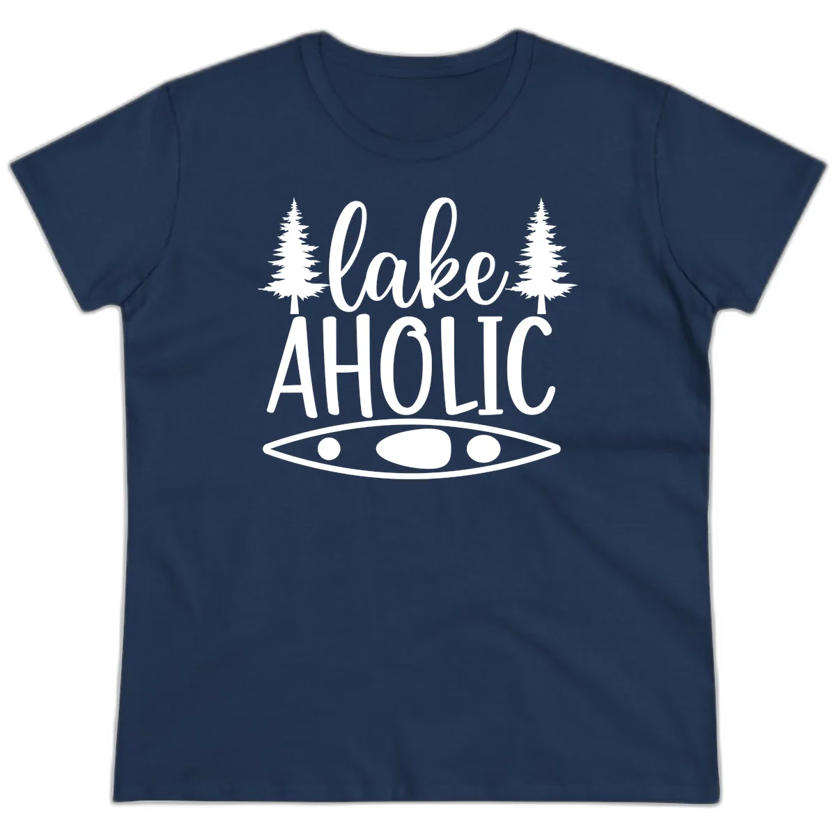 Lakeaholic Kayak And Trees Ladies Tee in Navy