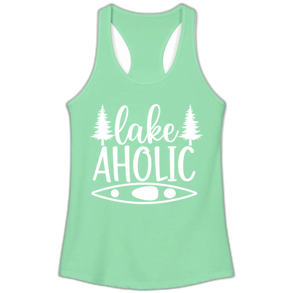 Lakeaholic Kayak And Trees Ladies Tank in Solid Mint