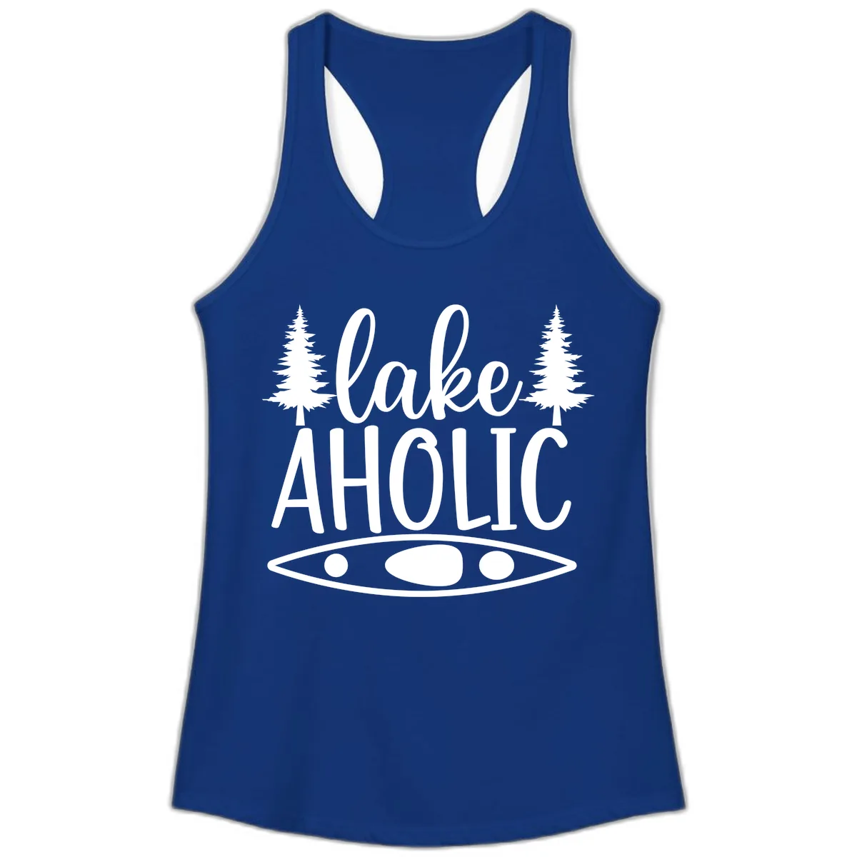 Lakeaholic Kayak And Trees Ladies Tank in Solid Royal