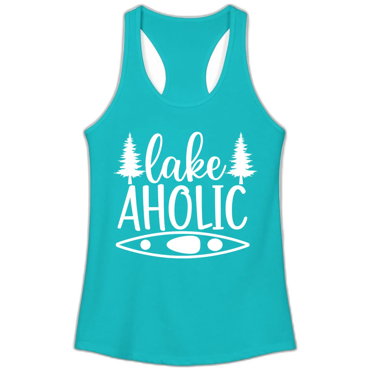 Lakeaholic Kayak And Trees Ladies Tank in Tahiti Blue