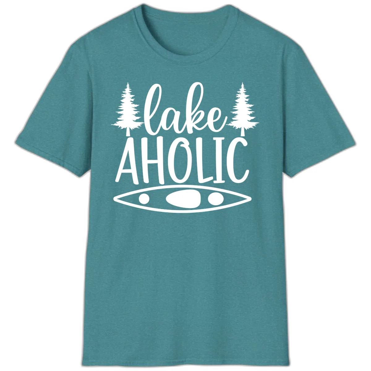 Lakeaholic Kayak And Trees T-Shirt in Heather Galapagos Blue