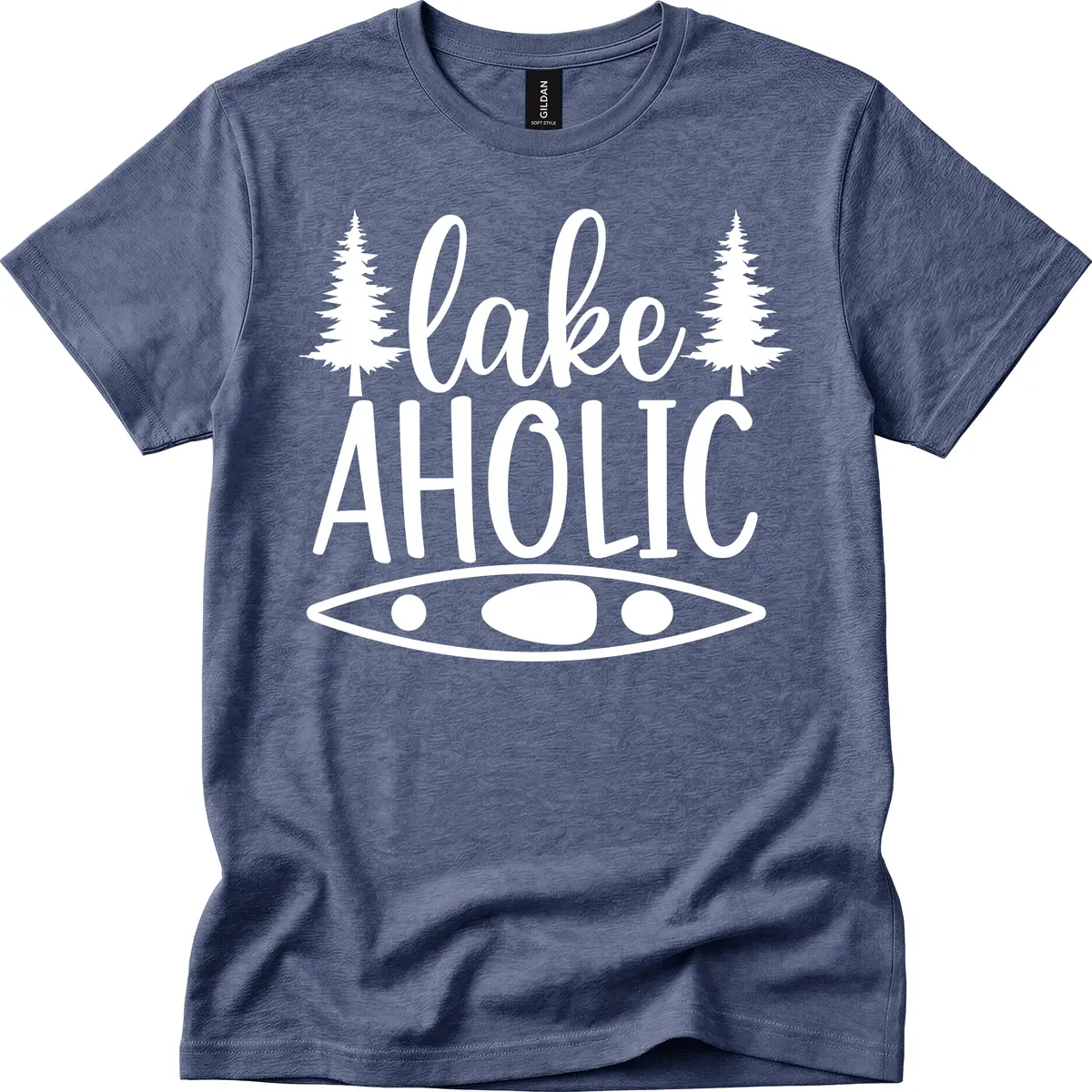 Lakeaholic Kayak And Trees T-Shirt in Heather Navy