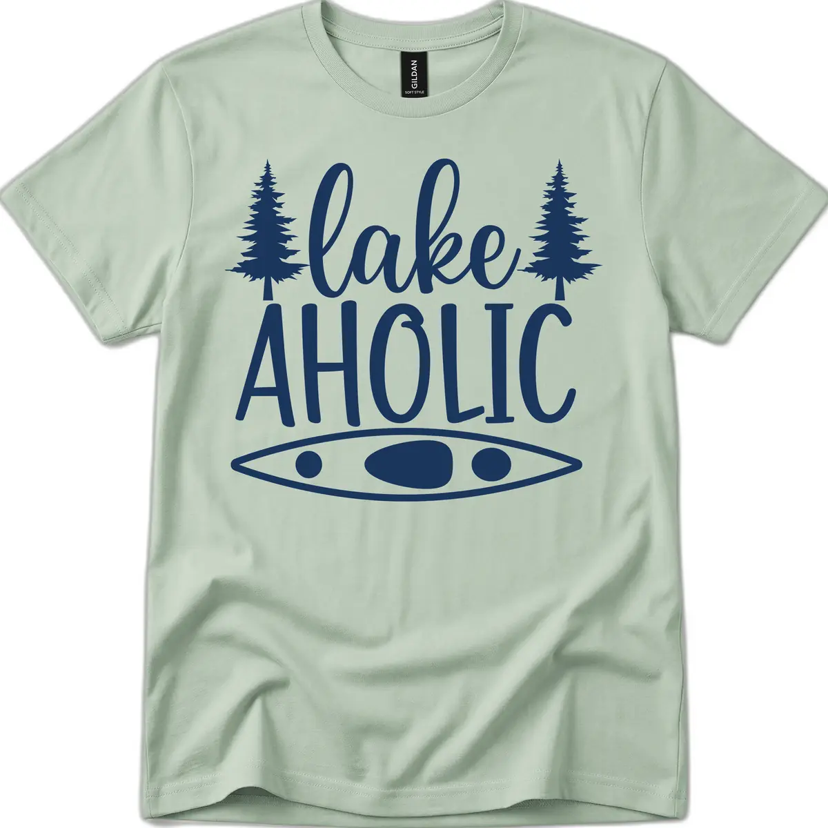 Lakeaholic Kayak And Trees T-Shirt in Sage