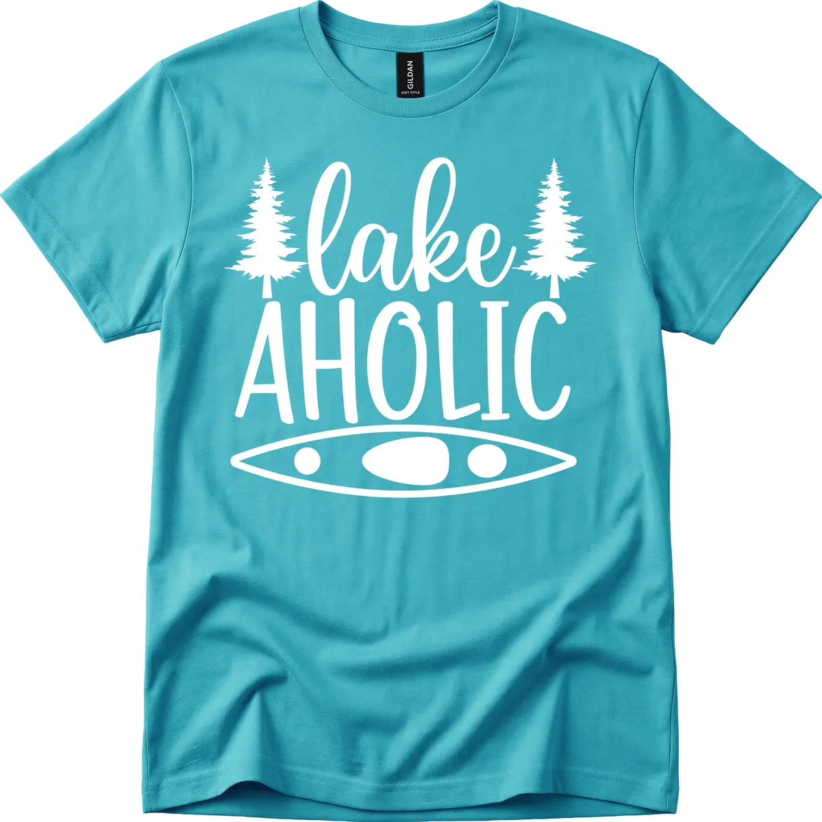 Lakeaholic Kayak And Trees T-Shirt in Tropical Blue