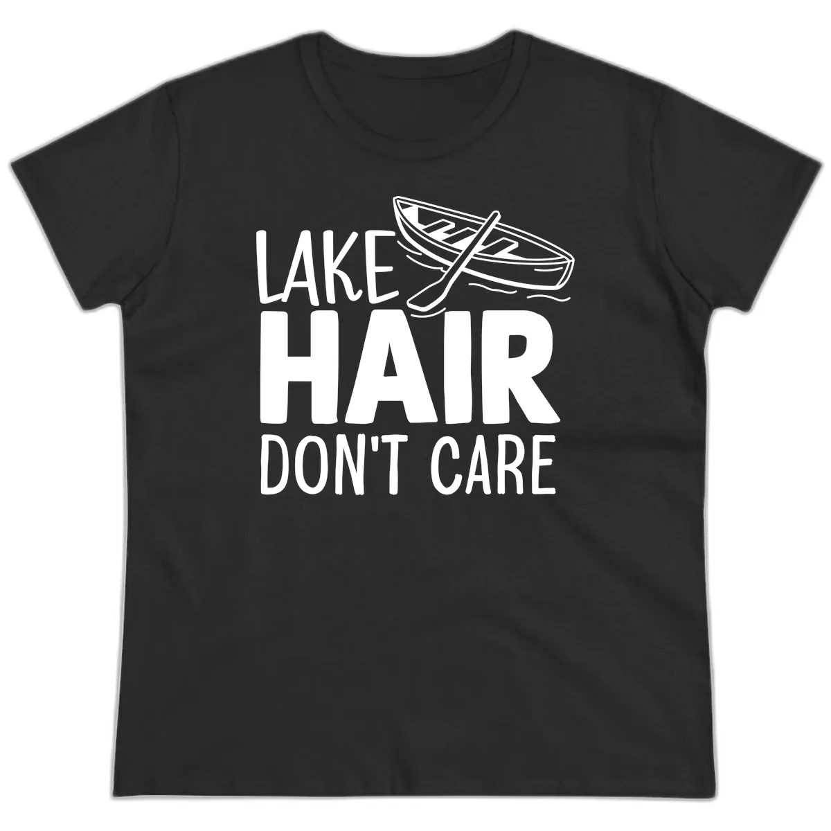 Lake Hair Don't Care Boat Design Ladies Tee in Black
