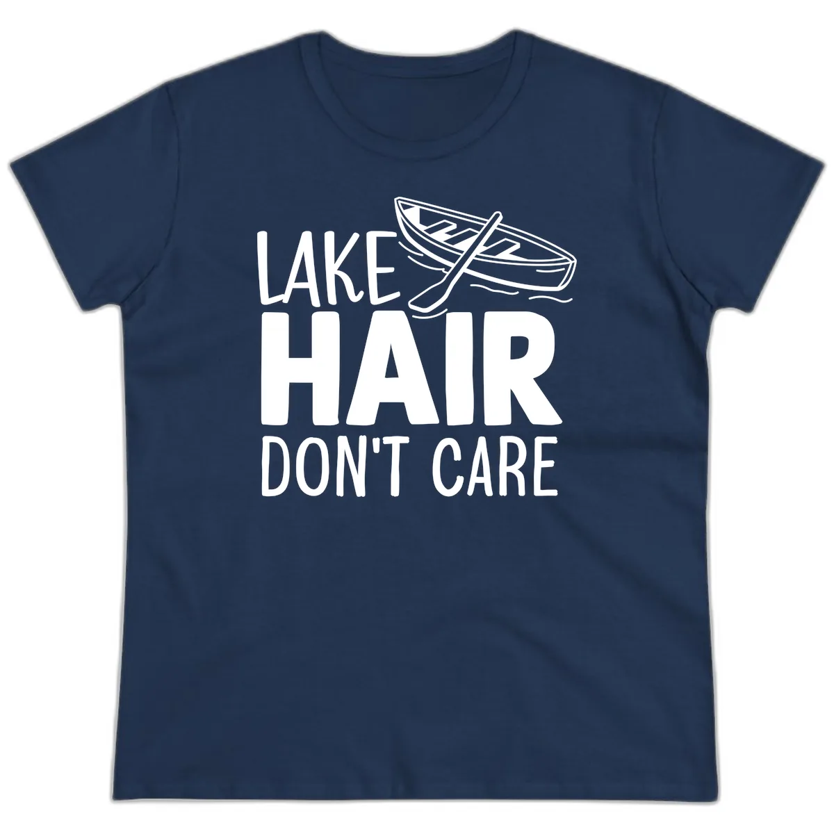 Lake Hair Don't Care Boat Design Ladies Tee in Navy