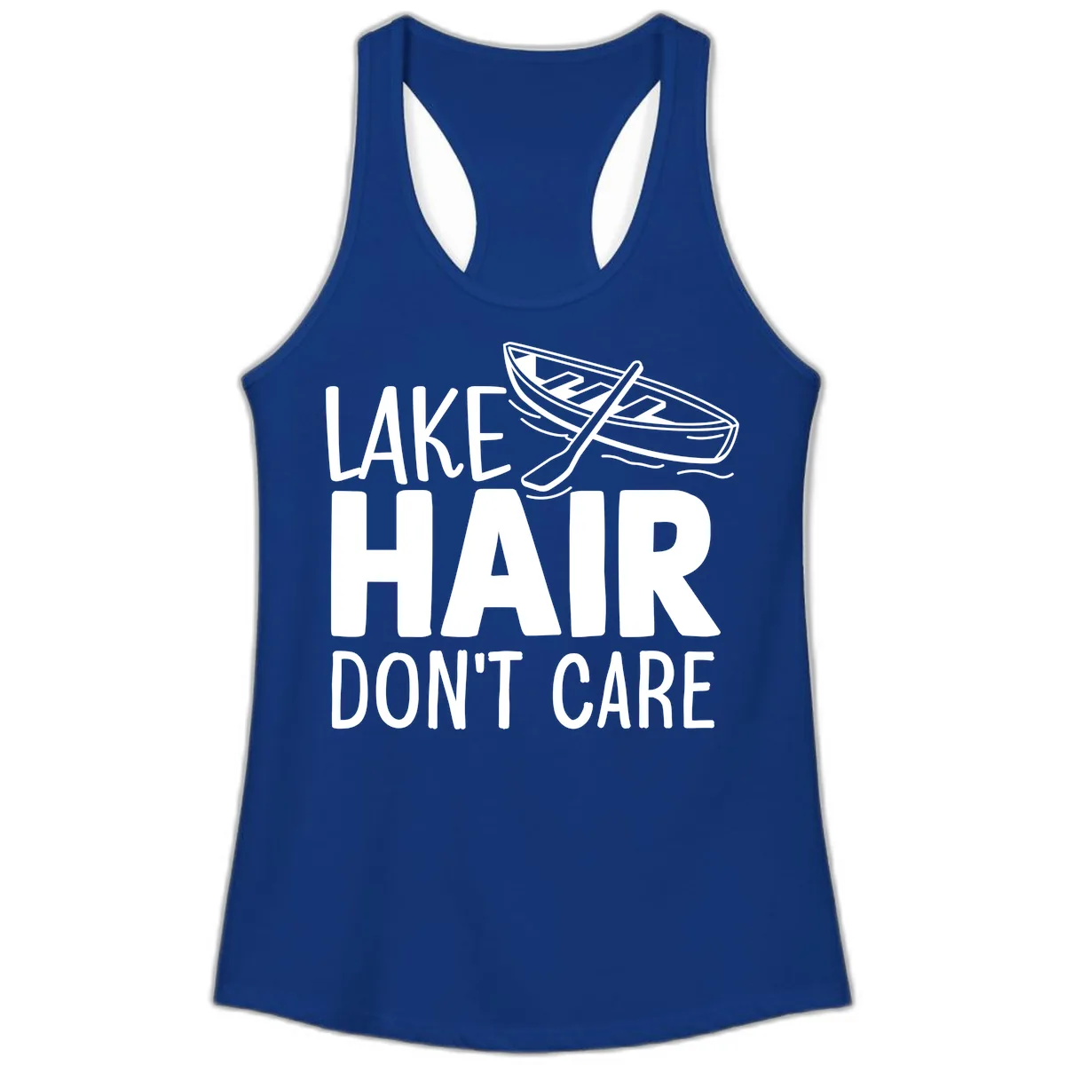 Lake Hair Don't Care Boat Design Ladies Tank in Solid Royal
