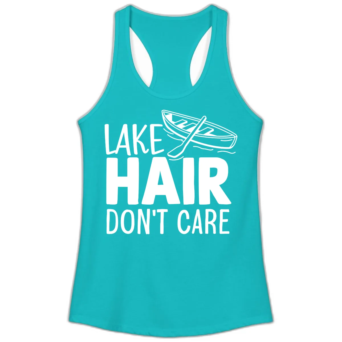 Lake Hair Don't Care Boat Design Ladies Tank in Tahiti Blue