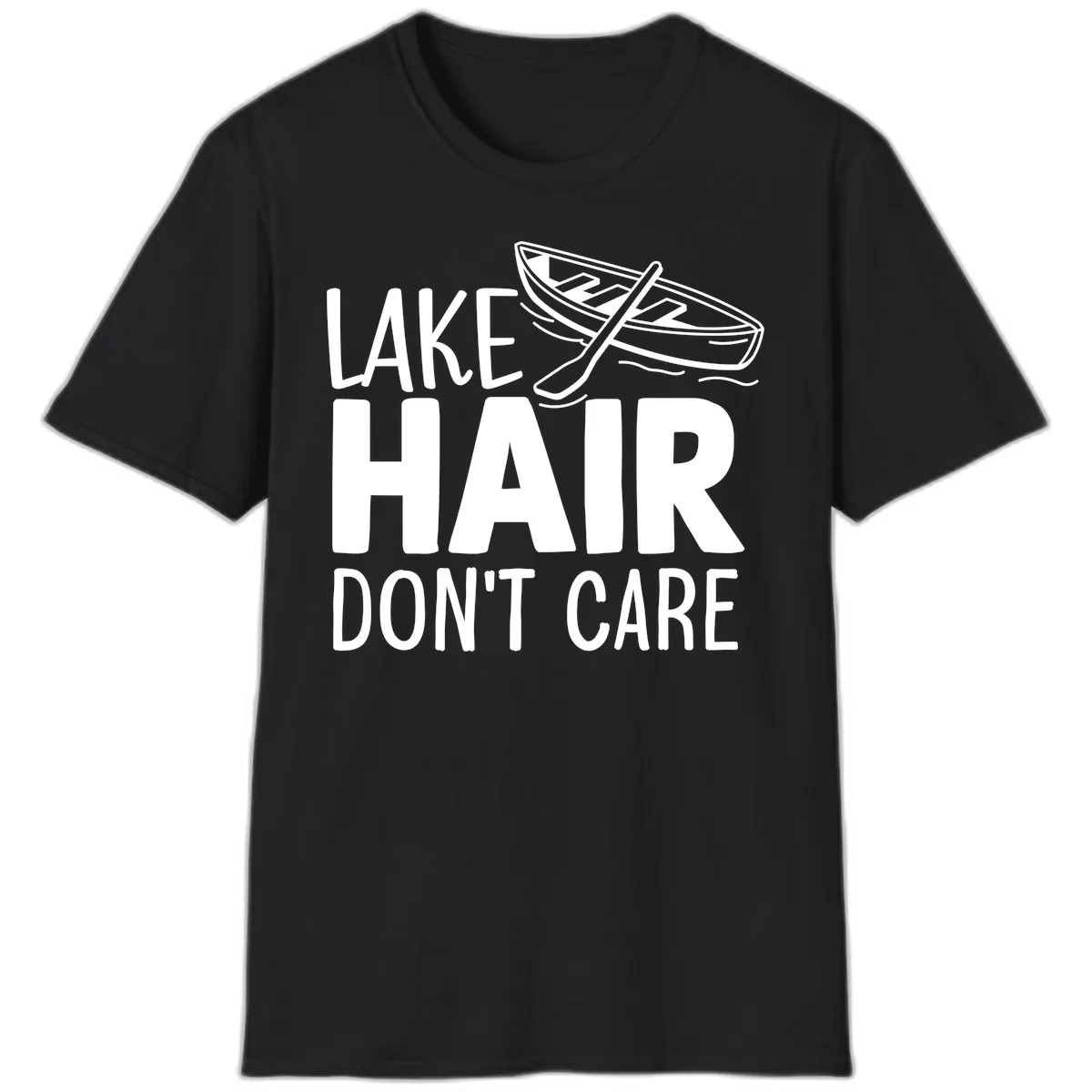 Lake Hair Don't Care Boat Design T-Shirt in Black