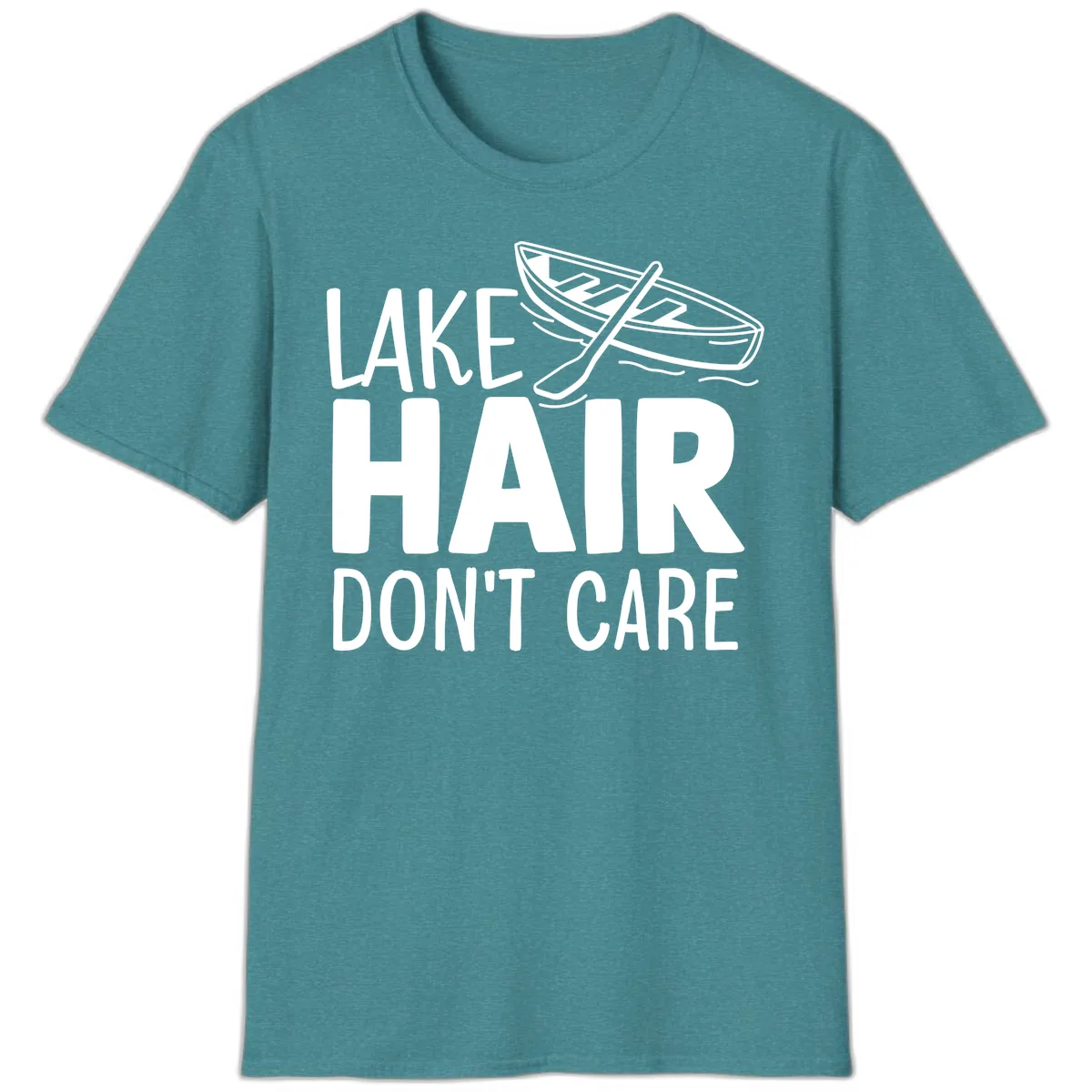 Lake Hair Don't Care Boat Design T-Shirt in Heather Galapagos Blue
