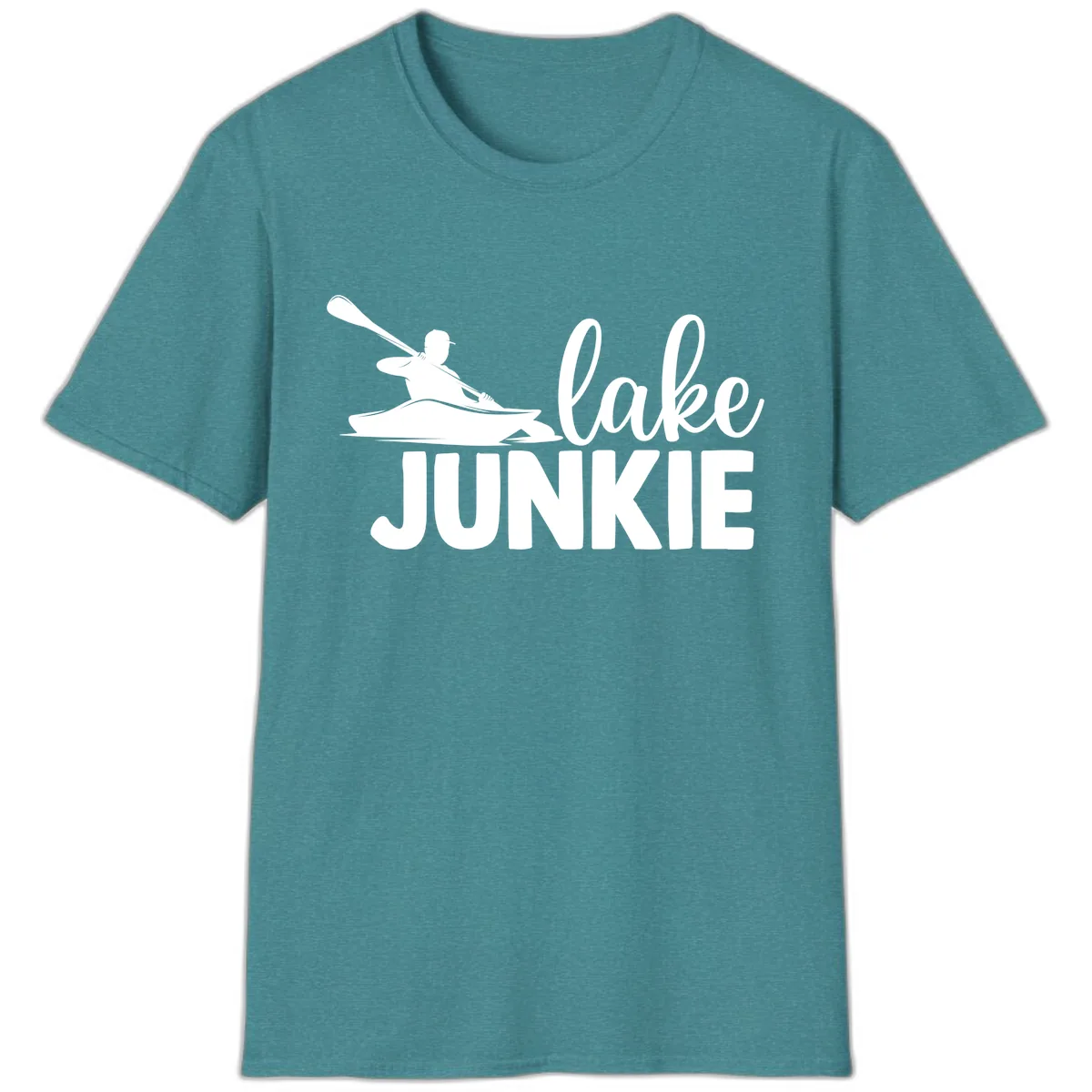 Lake Junkie Kayak Design T-Shirt in Heather Galapagos Blue