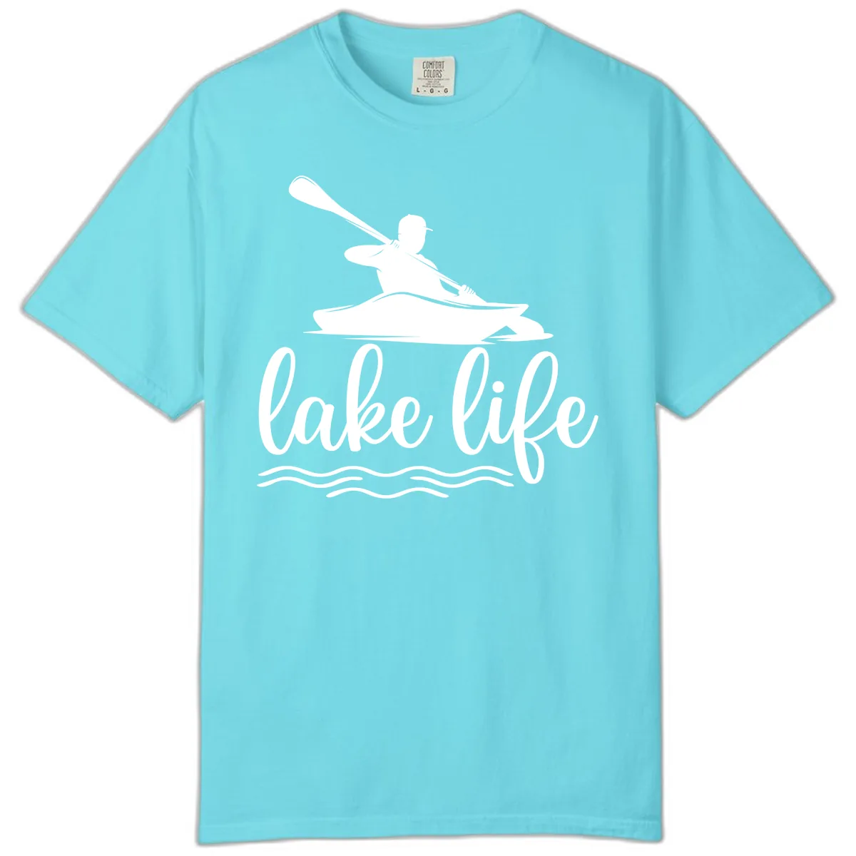 Kayaker Paddling on Lake Life Comfort Color in Lagoon Blue