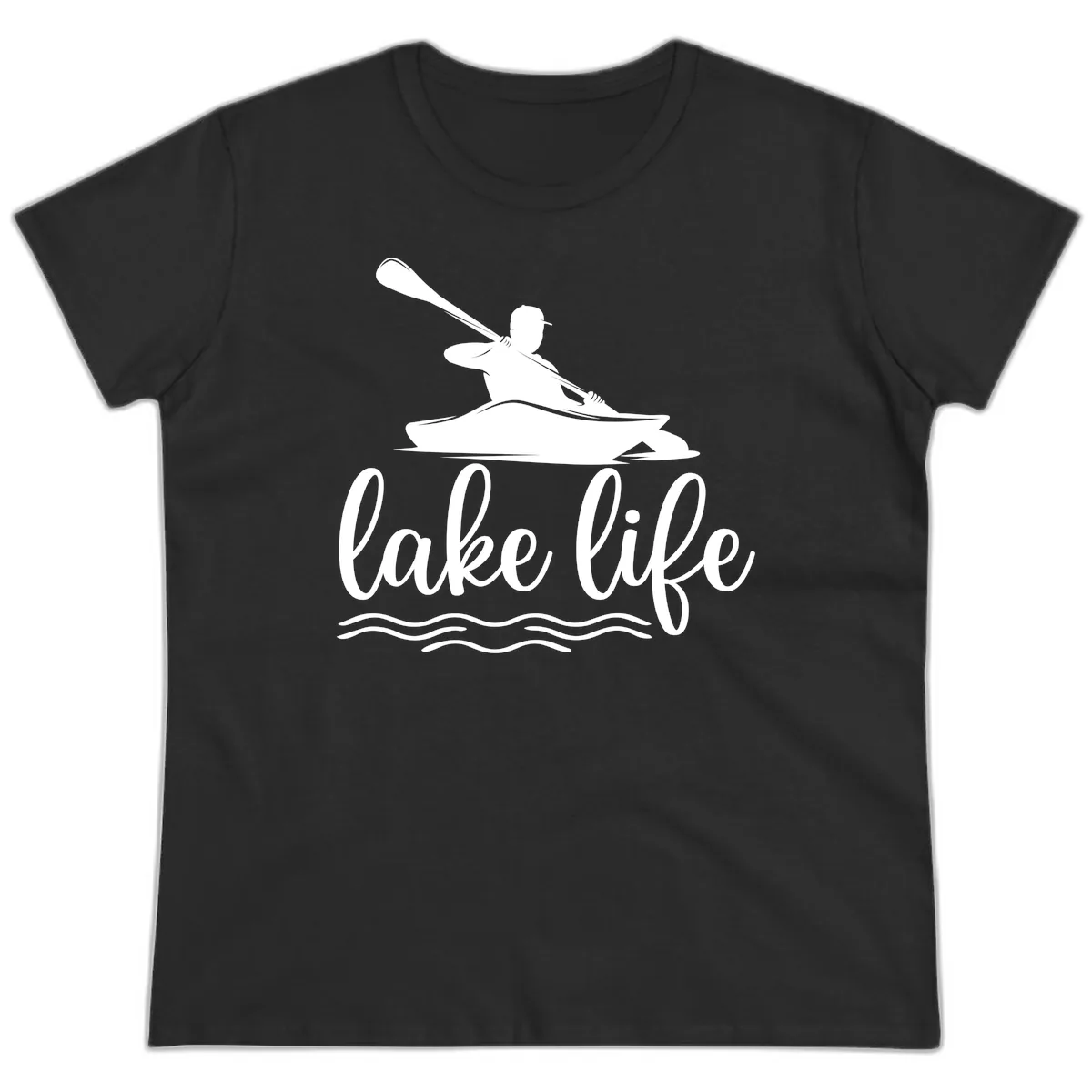 Kayaker Paddling on Lake Life Ladies Tee in Black