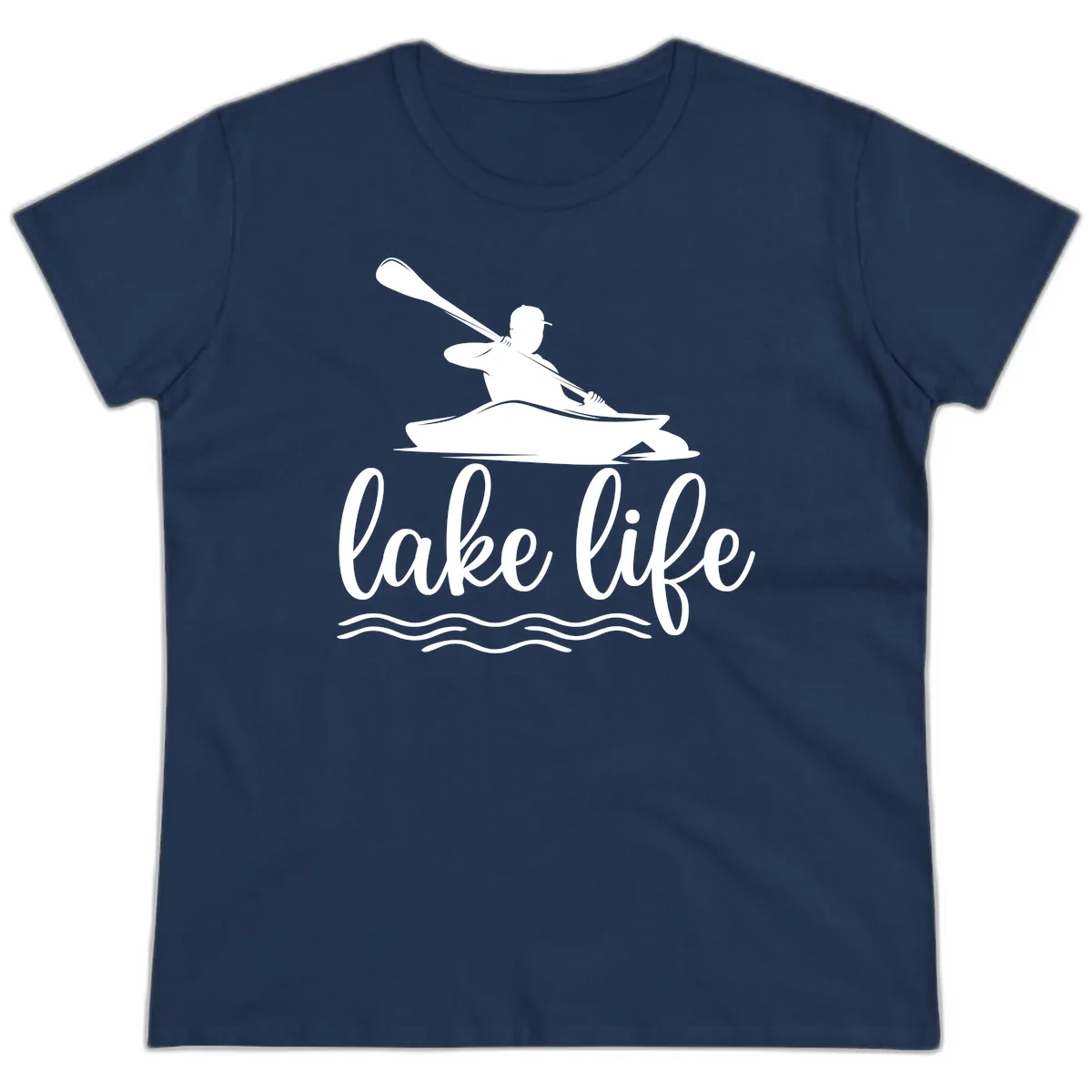 Kayaker Paddling on Lake Life Ladies Tee in Navy