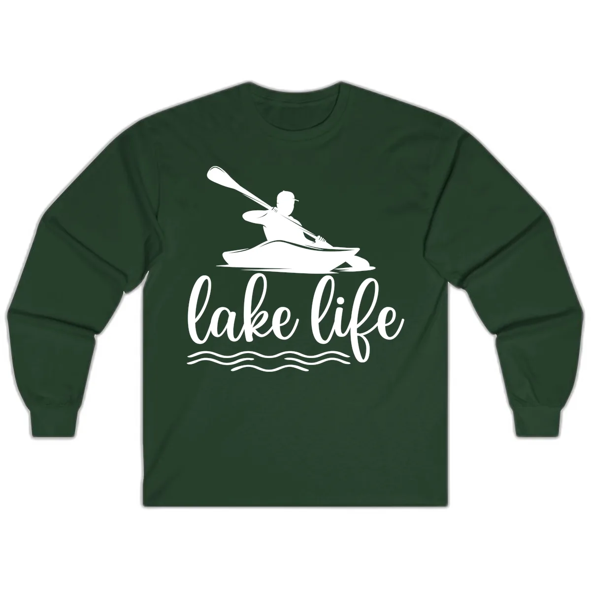 Kayaker Paddling on Lake Life Long Sleeve in Forest Green