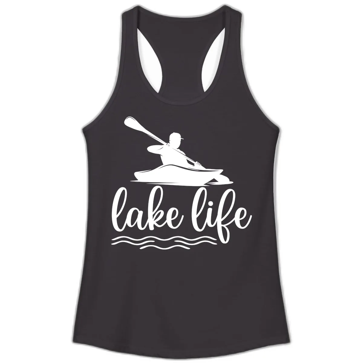 Kayaker Paddling on Lake Life Ladies Tank in Black