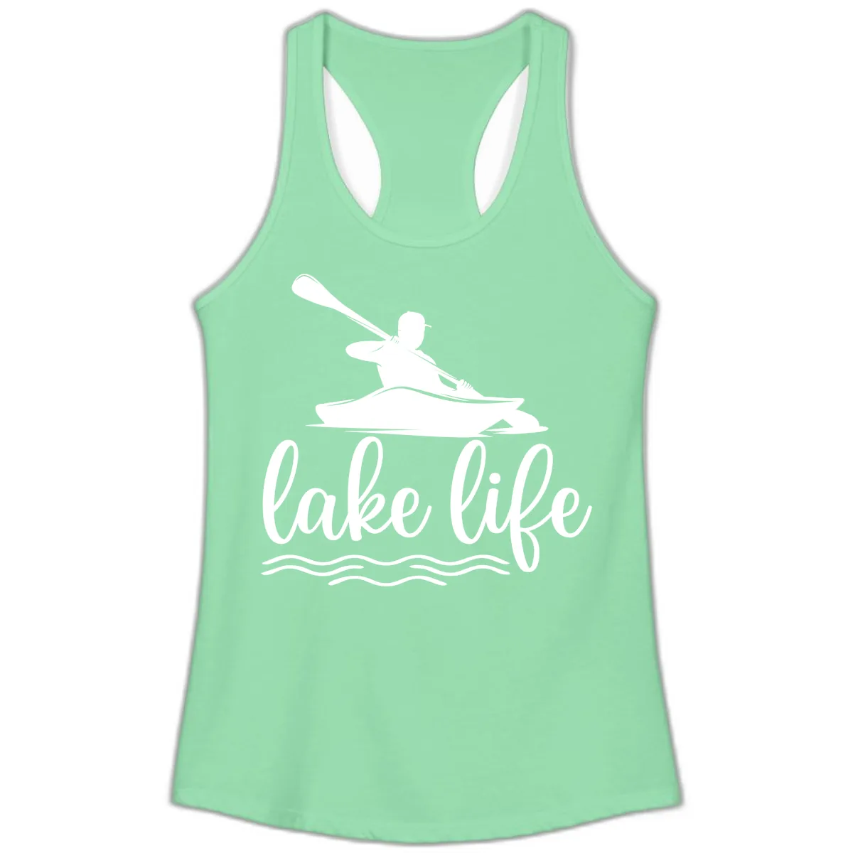 Kayaker Paddling on Lake Life Ladies Tank in Solid Mint