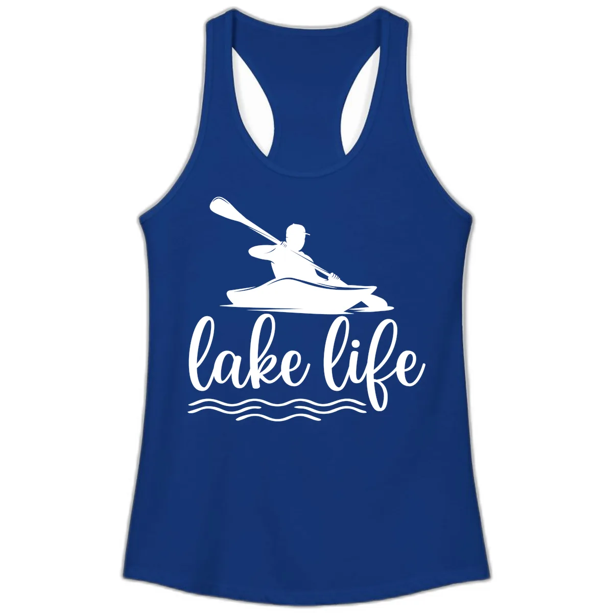Kayaker Paddling on Lake Life Ladies Tank in Solid Royal