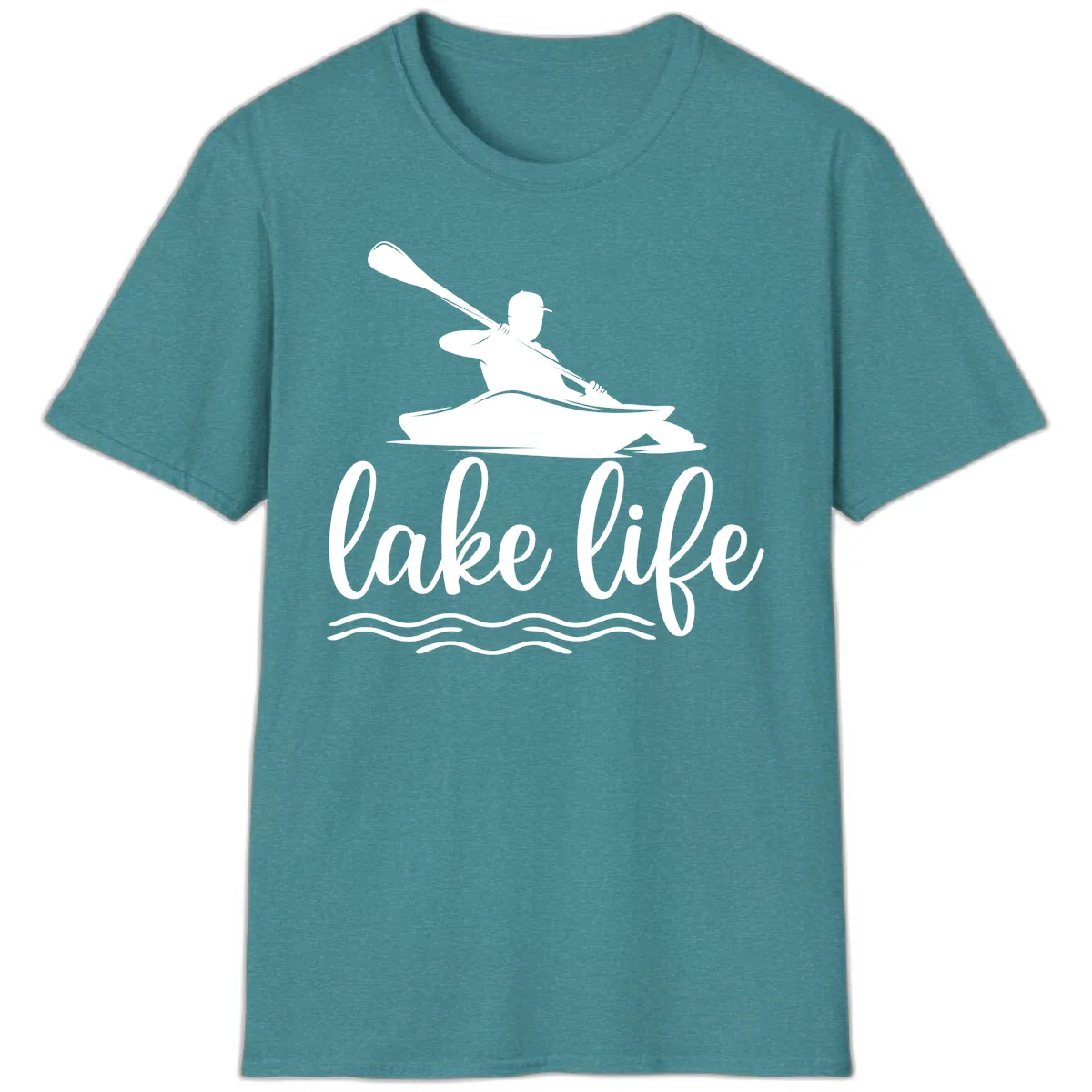Kayaker Paddling on Lake Life T-Shirt in Heather Galapagos Blue