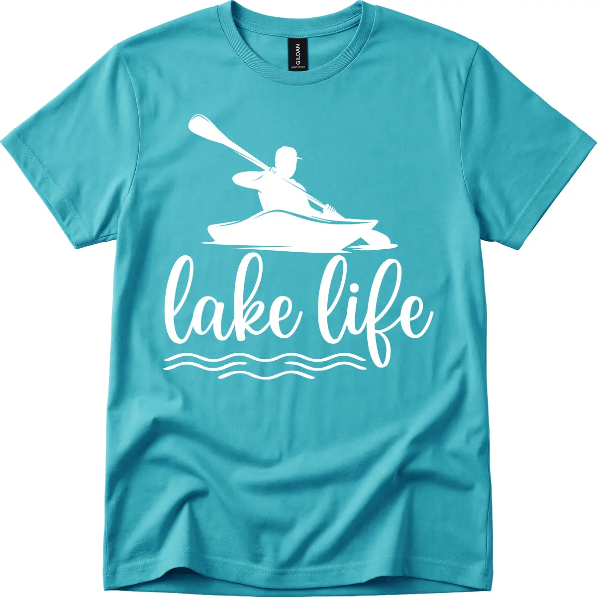 Kayaker Paddling on Lake Life T-Shirt in Tropical Blue