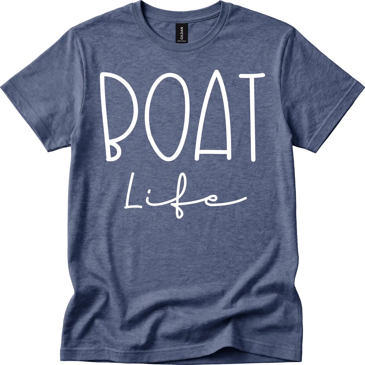 Boat Life Typography Design T-Shirt in Heather Navy