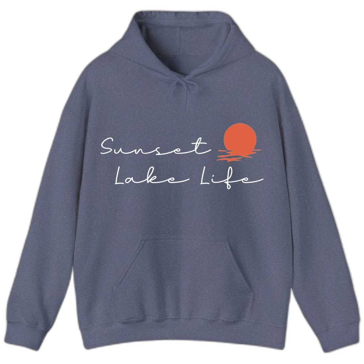 Sunset Lake Life Script Design Hoodie in Heather Navy