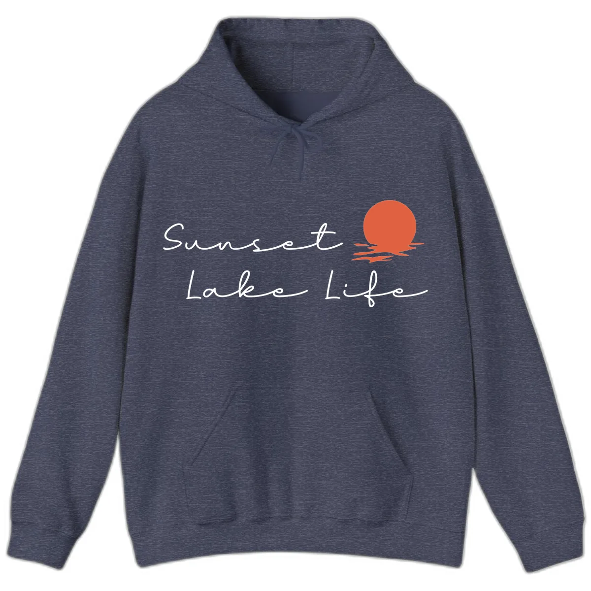Sunset Lake Life Script Design Hoodie in Heather Sport Dark Navy