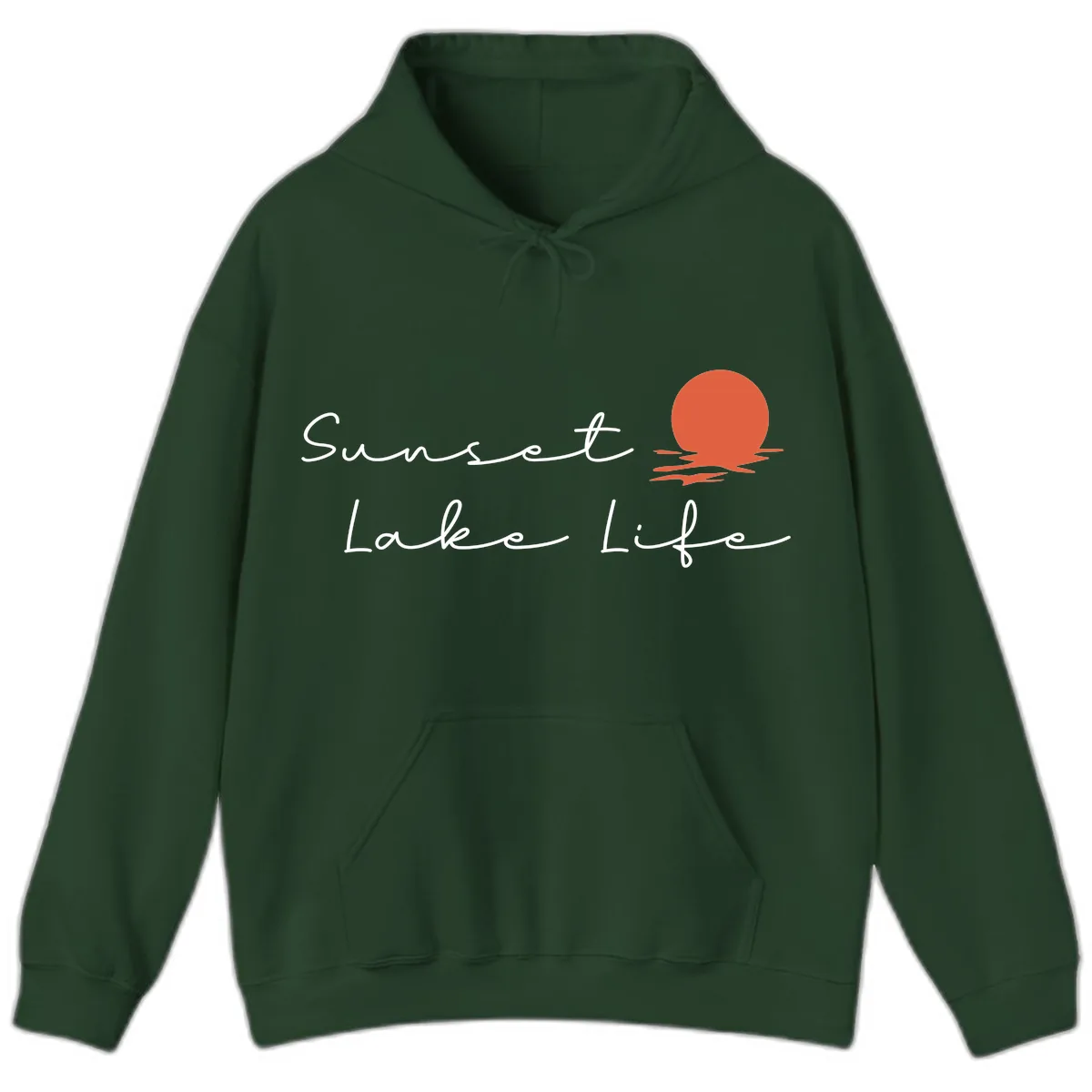 Sunset Lake Life Script Design Hoodie in Forest Green